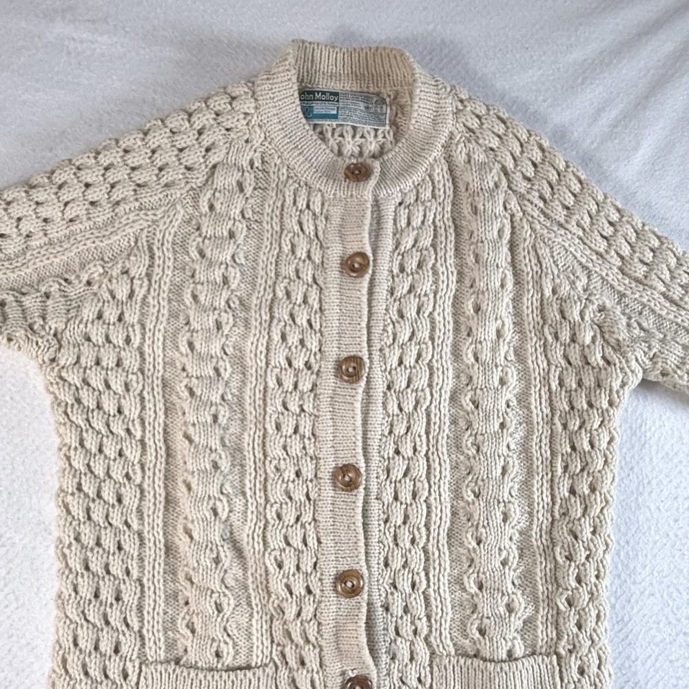 John Molloy Cardigan Sweater Mens 42 Pure Virgin Wool Cable Knit Cream